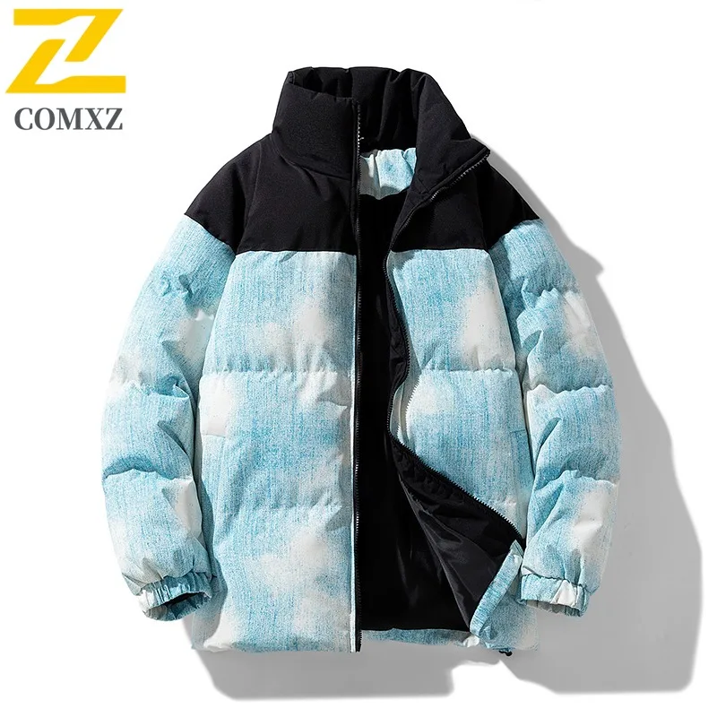 COMXZ 2025 Mens Womens Gradient Color Block Puffer Jacket Hong Kong Street Style Loose Fit Trendy Couple Casual tactics Coat