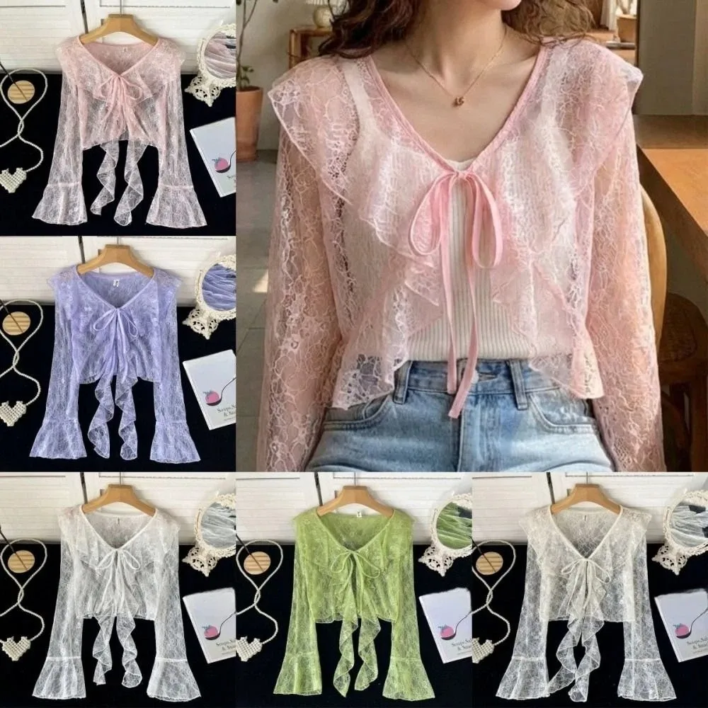 V-Neck Lace Cardigan Flared Sleeve Ruffle Edge Sun Protection Cardigan Hollow Out Lightweight Sun-proof Shirt Women Clothing view 2
