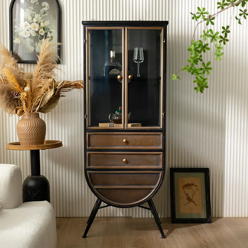 

American light luxury wrought iron wine cabinet glass display cabinet household industrial wind floor wine cabinet arched