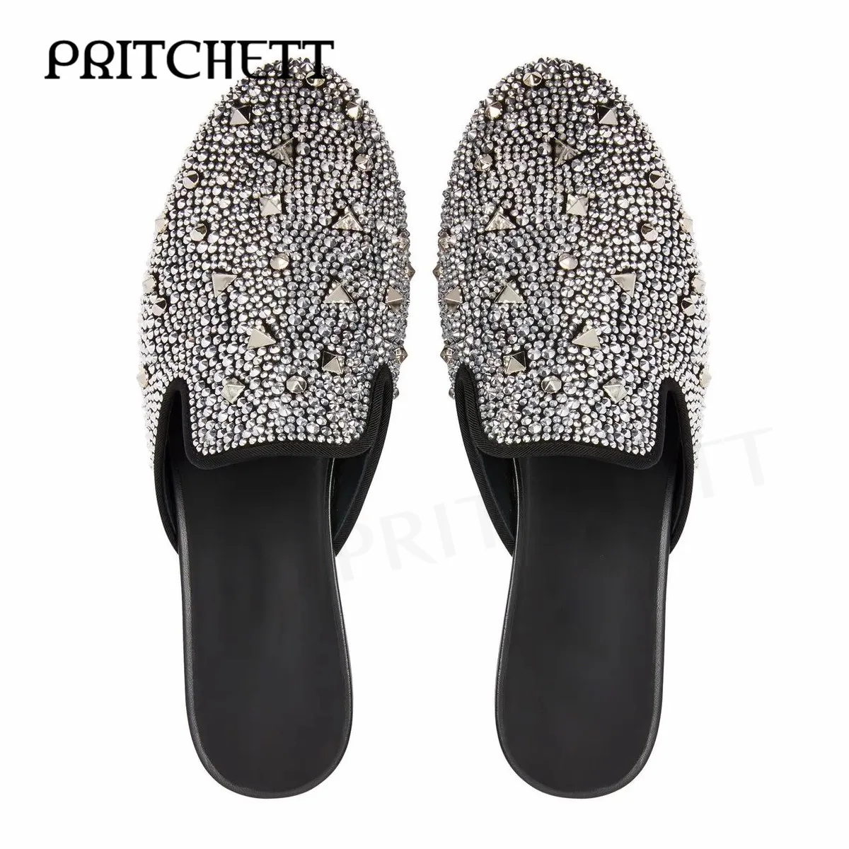 Silver Diamond Rivet Baotou Slippers Round Toe Square Root Flat Luxury Slippers Fashion Party Casual Comfortable Men's Shoes