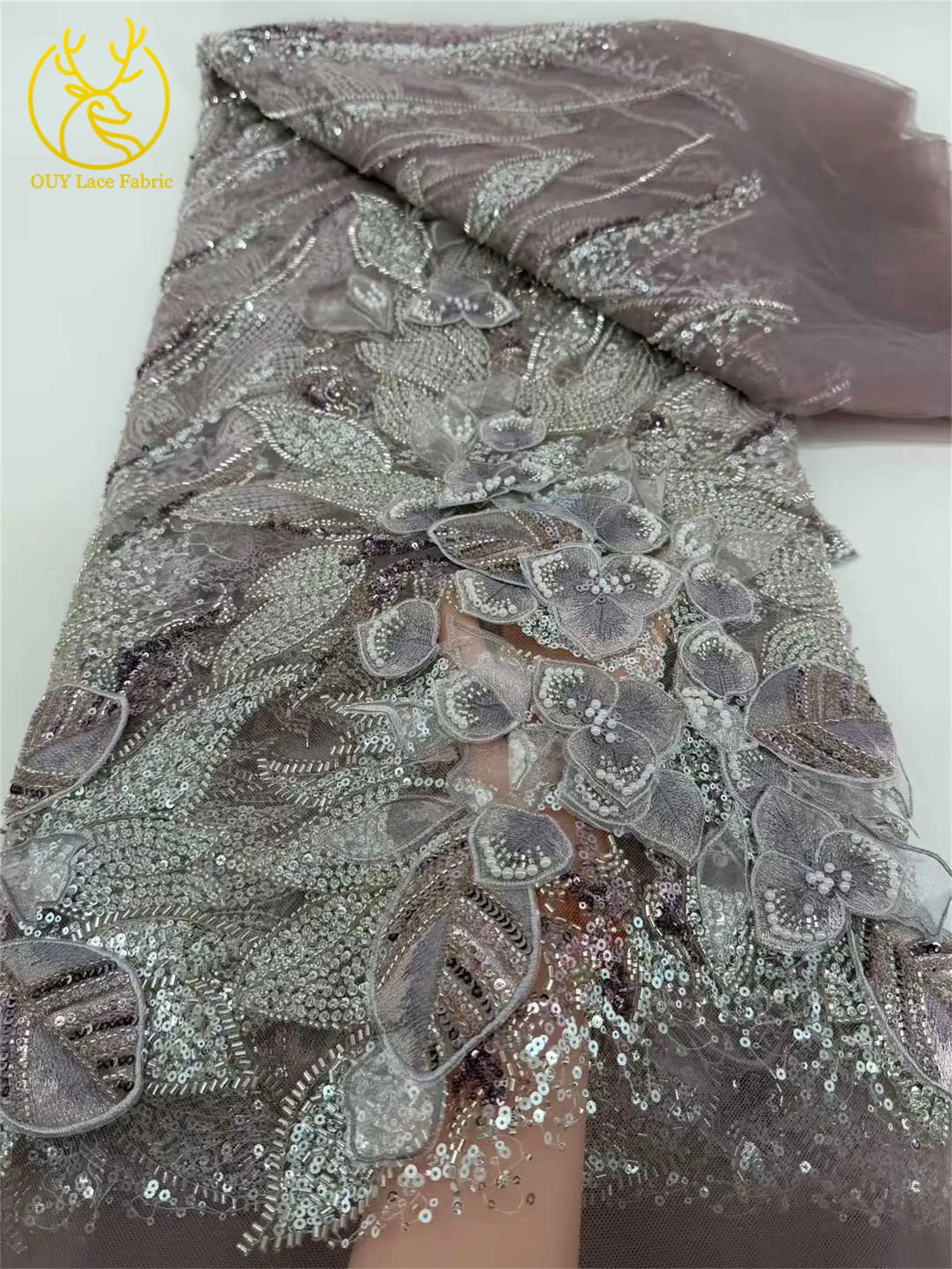Afrikanischer 3D-bestickter Spitzenstoff 2026 Heißer Verkäufer in Nigeria Luxuriöser Pailletten-Perlen-Spitzenstoff für Damen-Partykleider 5 Jahre – Detail 18