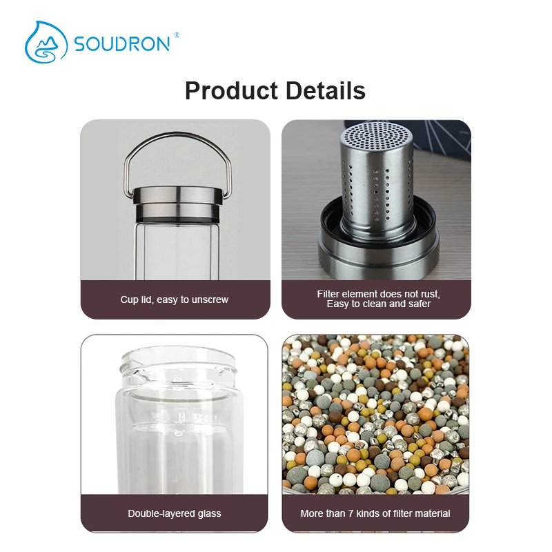 Garrafa de água com tampa dupla de vidro, uma garrafa de água de vidro simples com um filtro de viagem de 300/420 ml