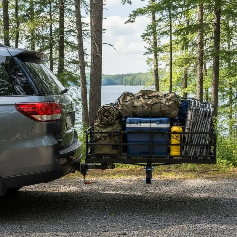 

Luggage Basket 60" x 24" x 14" For Camping Travel Tailgating, 500 lbs Capacity Folding Hitch Mount Carrier Anti-Rattle Stabilizer Steel Mesh Construction Pins Latches Included SUV Pickup Truck Compatible
