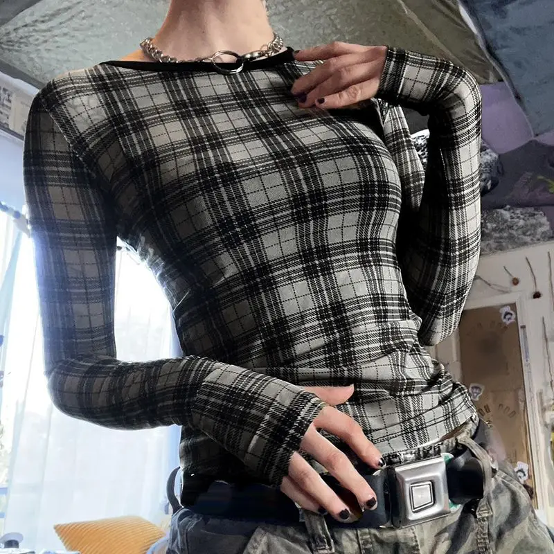 Deeptown Black See Through Plaid Graphic Print T Shirts Women Y2k Mesh Crop Top Long Sleeve Tees Female Aesthetic Feminist Shirt