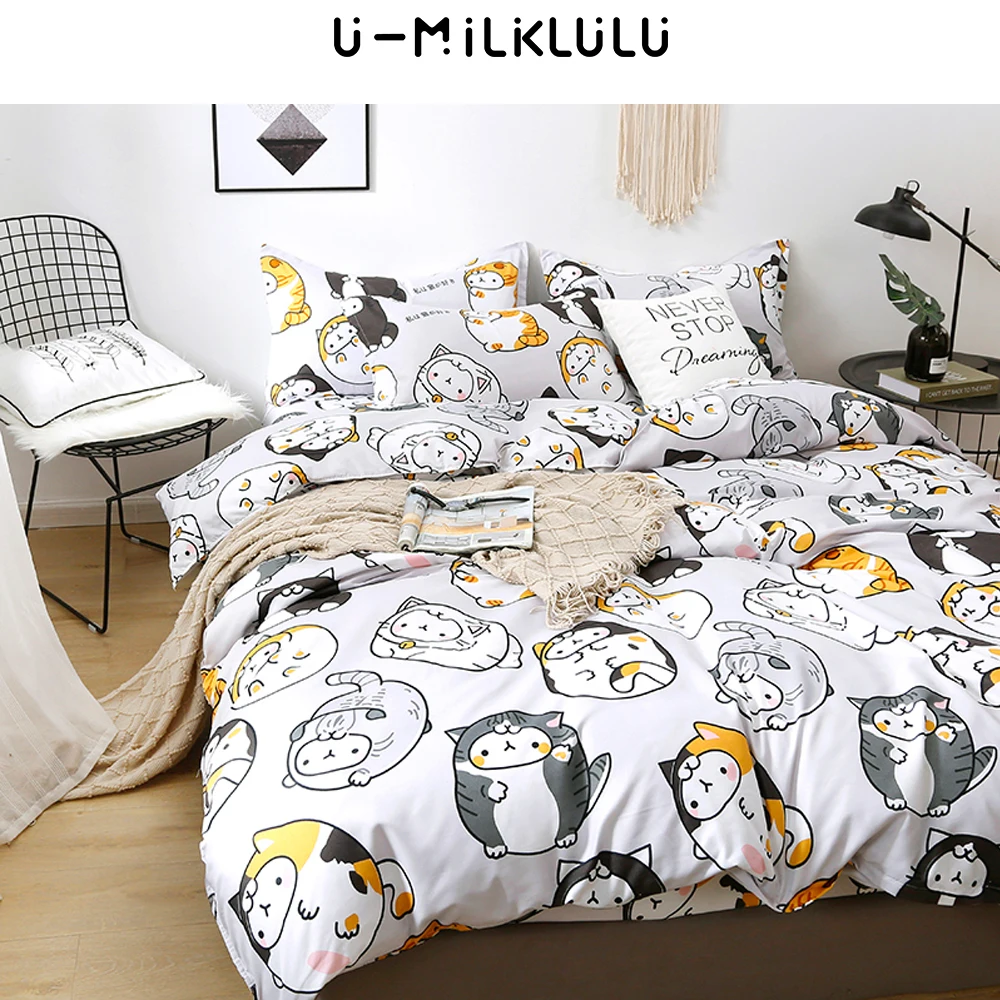 Cute Cat Bedding Set, White Sheet, Single, Double Queen King Size Elastic Duvet Cover Pillowcases, Cartoon Animal Bed Comforters