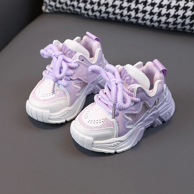 Fashion Children Sequins Pink Chunky Sneakers Toddler Girls TPR Casual Sport Shoes Platform Shoes Kids Tennis 3-6Y Autumn Spring