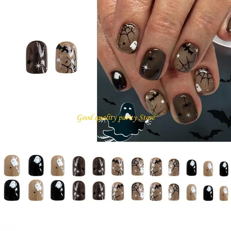 M4YA Halloween Press On Nails 24 unidades unhas falsas brilhantes teia aranha não precisa ferramentas