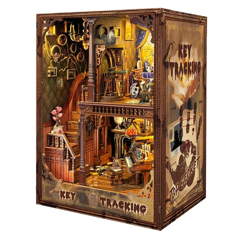 

Key Tracking Book Nook NEW DIY Wooden Shelf Insert Miniature Model Kits Bookshelf with Light Bookend for Friends Birthday Gifts