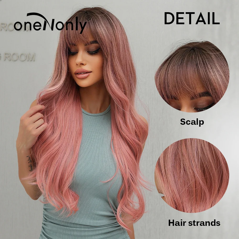 oneNonly Long Body Wave Ombre Brown Pink Synthetic Wigs with Bangs Natural Wave for Women Cosplay Natural Wig Heat Resistant