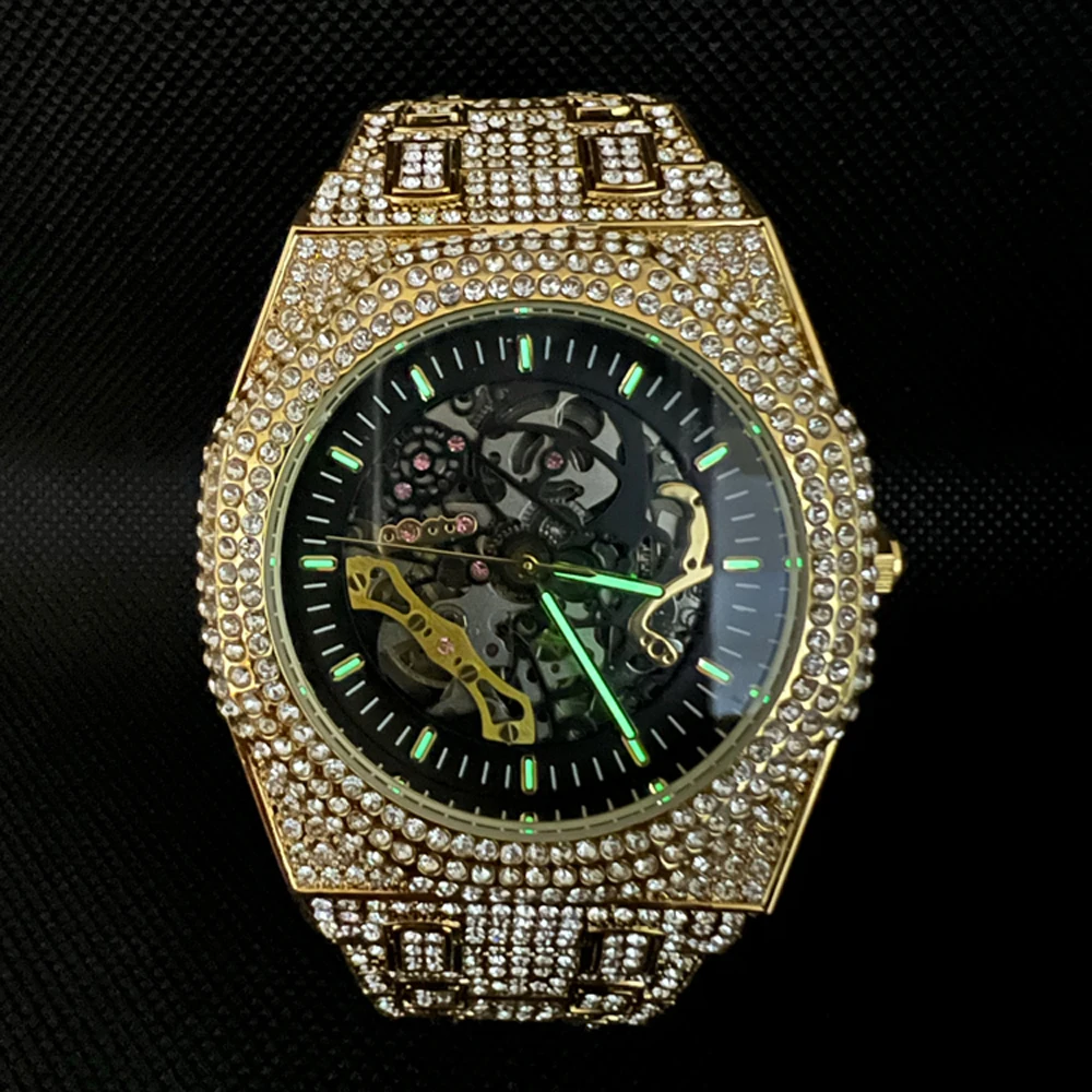 Automatic Watch For Men Luxury Full Ice Out Hip Hop Tourbillon Watches Bling Diamond Gold Male Mechanical Clock Dropshipping