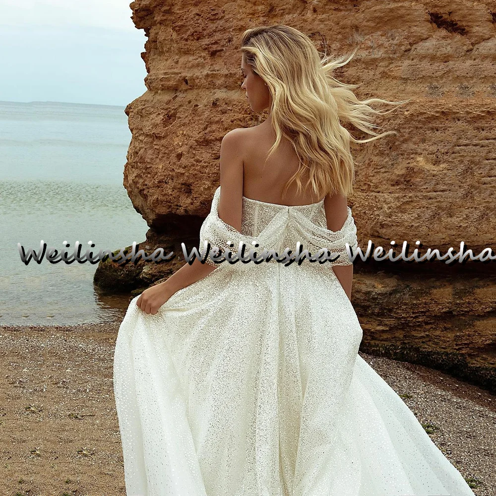 Weilinsha Chic Glitter Wedding Dress Sweetheart Off Shoulder Straps Beach  Gowns Sweep Train 2022 Robes de mariee