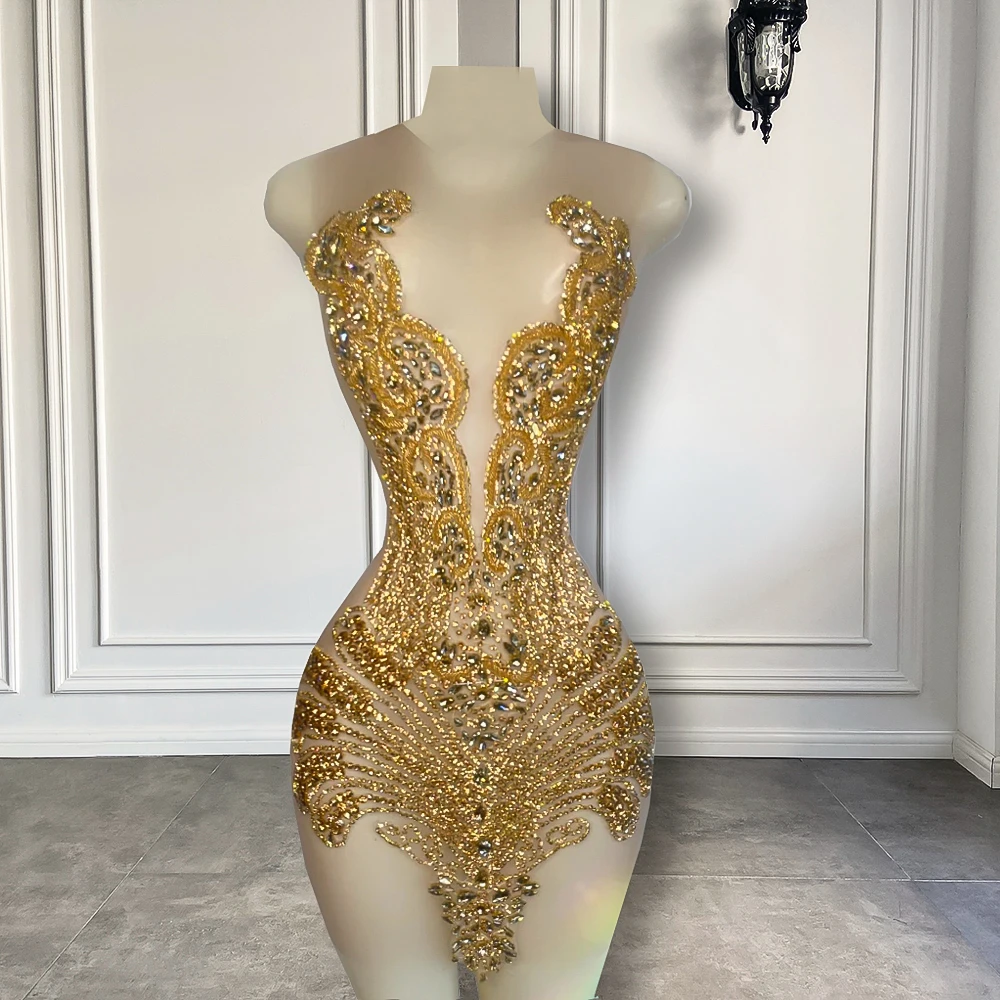 Sexy Sheer See Through Zwarte Meisje Korte Prom Dress Golden Diamond Luxe Kralen Kristallen Vrouwen Cocktail Partij Jassen Voor Verjaardag