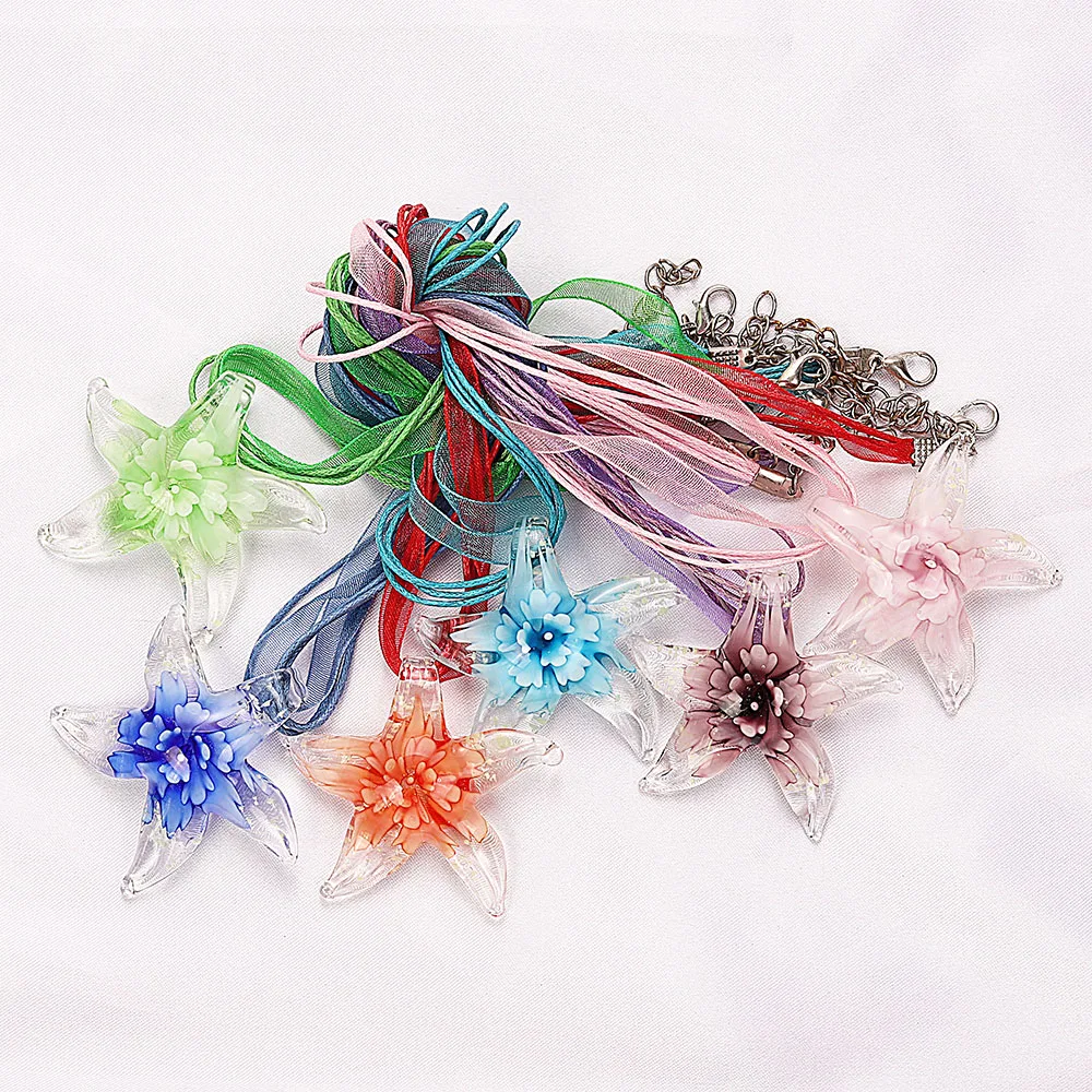 Wholesale 6Pcs Four Styles Handmade Murano Lampwork Glass Mixed Colorful Exquisite Starfish Pendants Charms Cord Necklaces