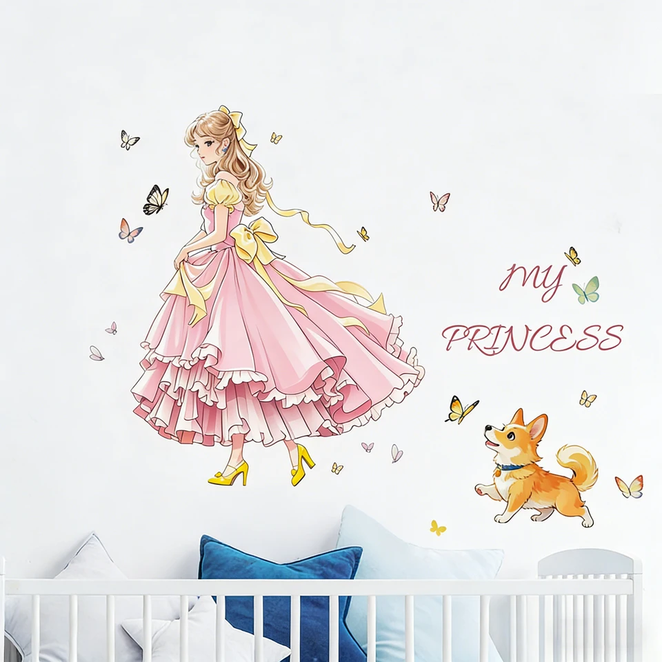 1 Pink Princess corgi wall sticker Butterfly English element decoration