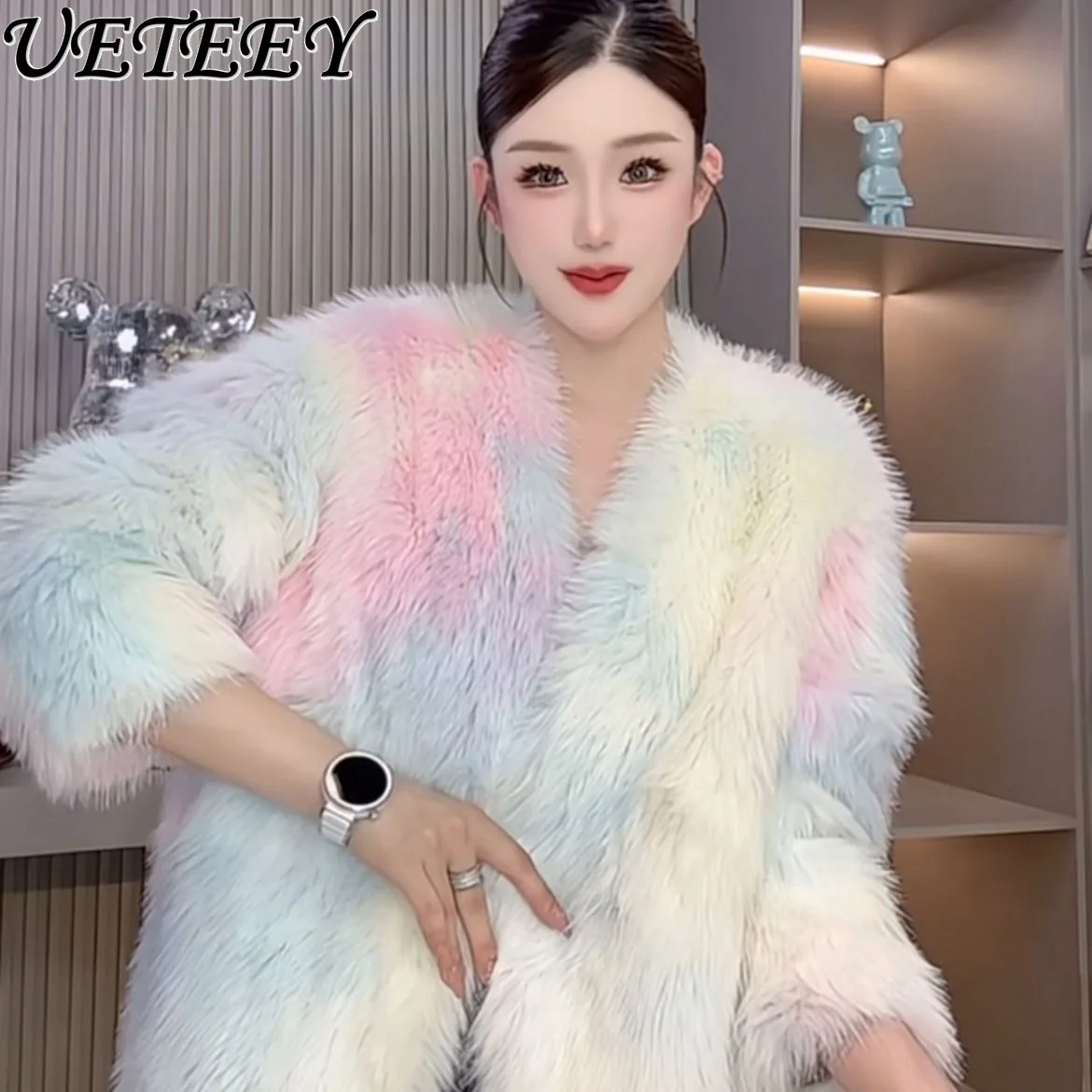 

New Thickened Furry Rainbow Tie-Dye Faux Fur Coat Winter Fashionable Youthful Outerwear Jacket Women's Versatile Warm Overcoat