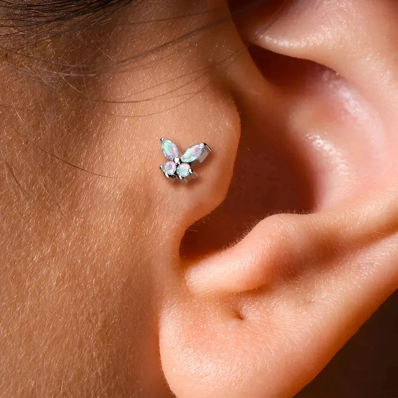 Stainless Steel Elegant Butterfly Cartilage Helix Ear Studs Cubic Zirconia Lip Nose Ring Internal Thread Twist Piercing Jewelry