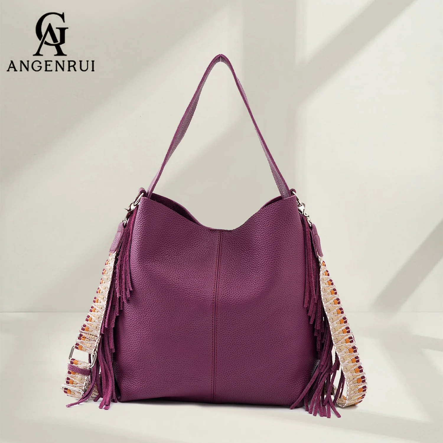 ANGENGRUI Brand Luxury Genuine Leather Women's Bag with Tassel Retro Design Casual Large Capacity Bucket Shoulder