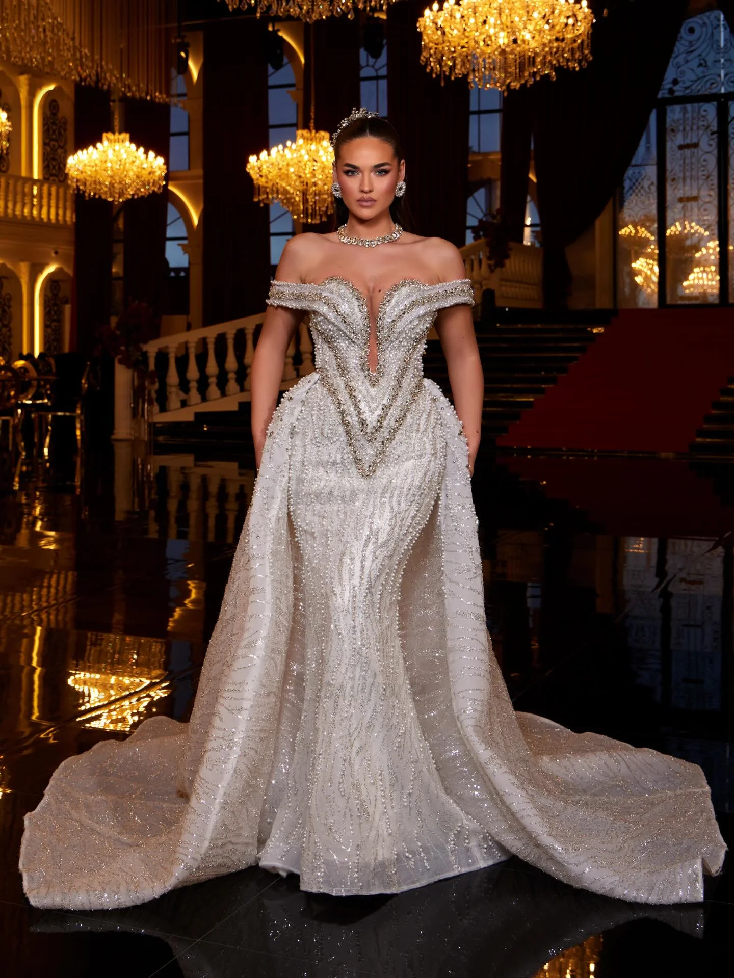 

Customized White Wedding Prom Dress Off the Shoulder Long Party Dresses With Detachable Train Pearl Crystal Bridal Evening Dress