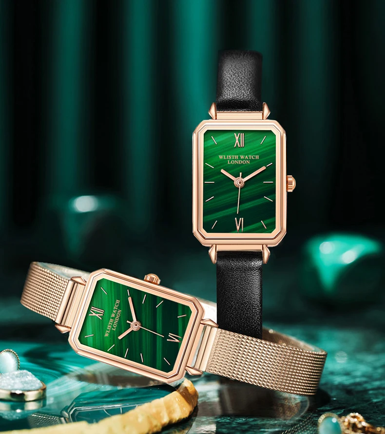 Fashion Wlisth Top Brand Women Square Ladies Quartz Bracelet Set Green Dial Simple Rose Gold Mesh And Leather Luxury Watches