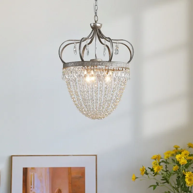 Creative French Pendant Lamp Crown Crystal Chandelier for American Restaurant Entrance Corridor Bedroom Cafe Bar Lighting