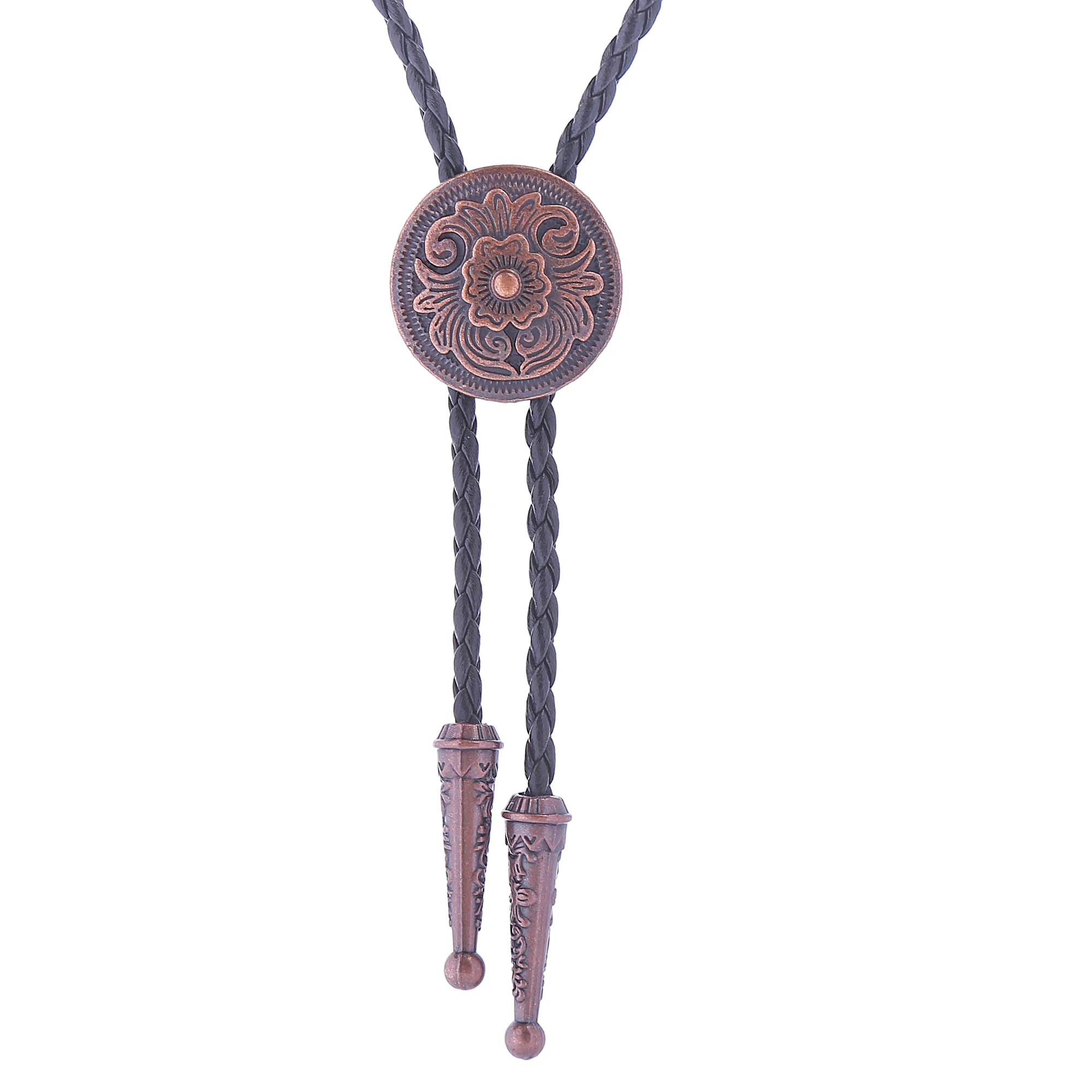 Art Bolo Tie Antique Brass Silver Color Flower Totem Round Buckle Adjustable Western Cowboy Novelty Ties