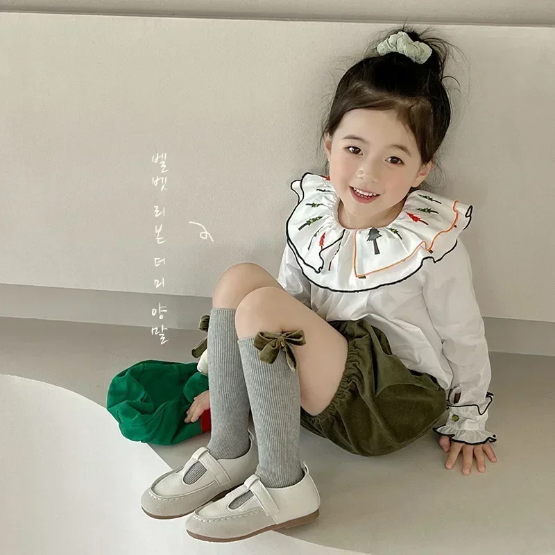 New Spring Autumn Knee High Sock For Toddler Girl Retro European Princess Bowknot Calf Sock For Kids Girl Cute Soft Cotton