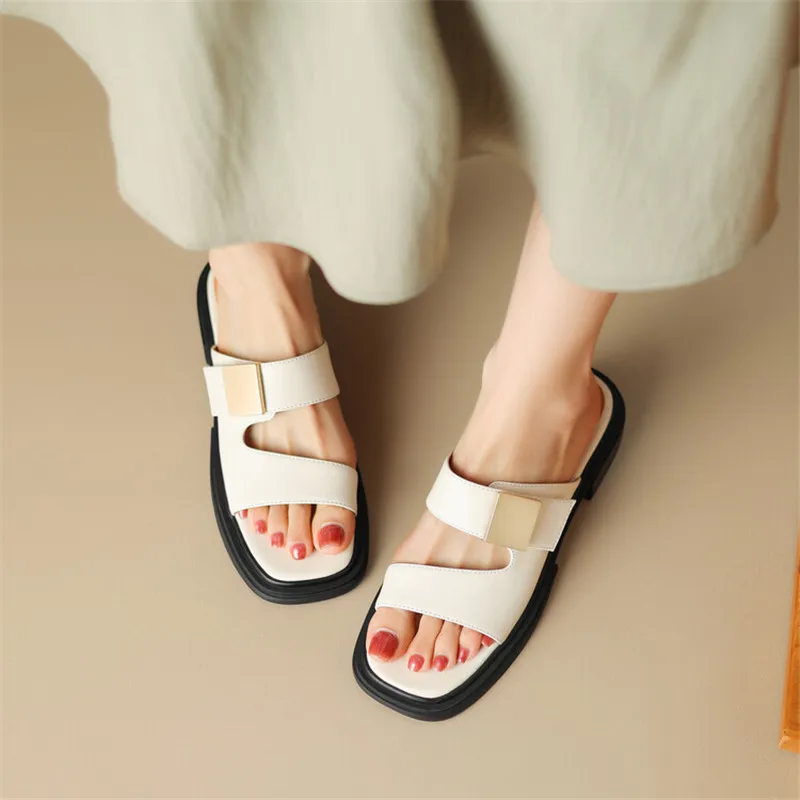 New Split Leather Summer Slippers Women 2024 Square Toe Chunky Heel Sandals Open Toe Shoes for Women Handmade Slippers Women