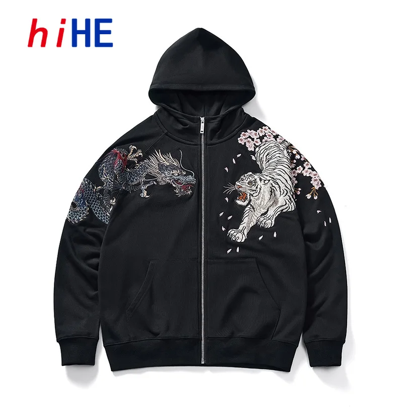 Chinese Style Embroidery Hoodies Dragon Tiger Heavy Embroidery Hooded Zip-up Sweatshirt Street Jacket D009A1