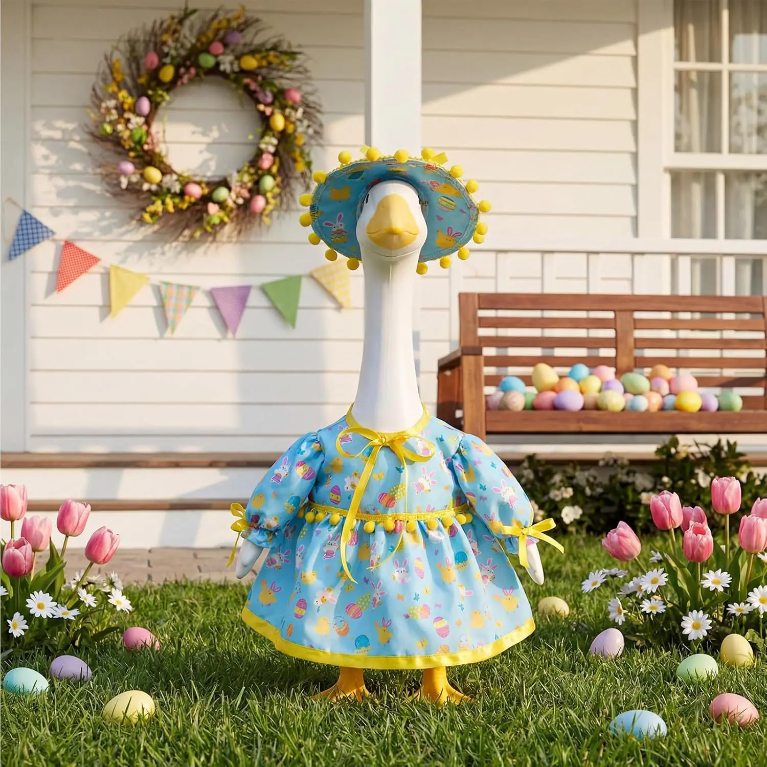 23 Inch Easter Porch Goose Outfit with Matching Hat, Blue Bunny Chick Egg Print Lawn Garden Yard Decor Goose Accessories