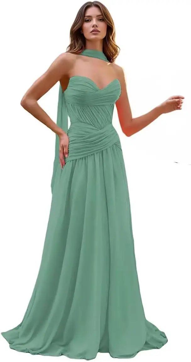 Chiffon-Abendkleider für Damen, plissierte, trägerlose Korsettkleider, lange Hochzeitsgastkleider mit Schal