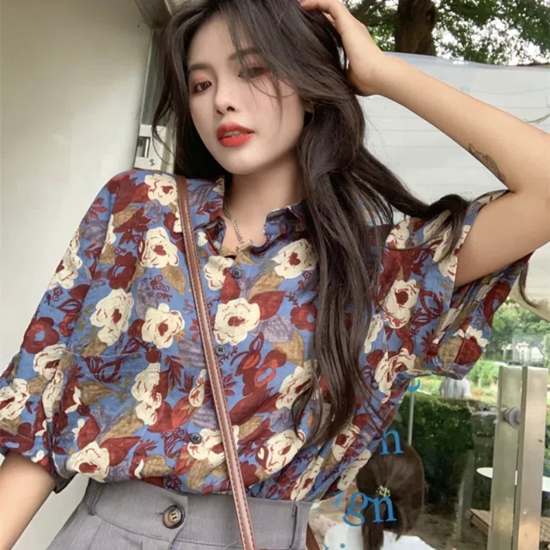 Vintage Floral Button Shirt Tops Summer New Short Sleeve Polo Neck Print Youth Trend Blouse Fashion Street Casual Women Clothing