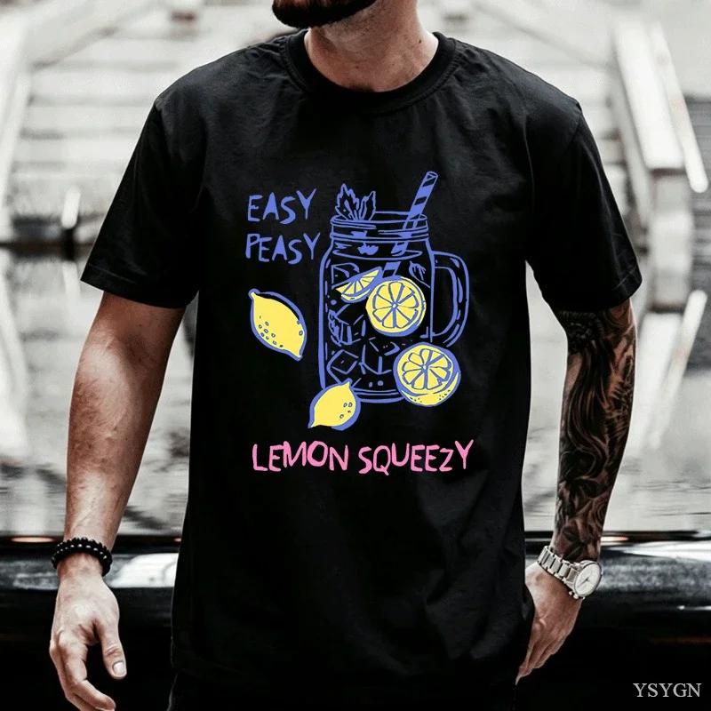 Easy Peasy Lemon Squeezy Graphic Men's T-Shirt Round Neck White T-Shirt Short Sleeve Summer Tee Trendy Cartoon Fruit T-Shirt Top