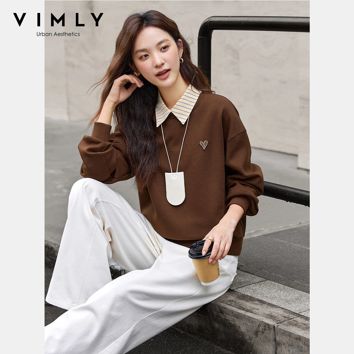 VIMLY Sweatshirts Women Fashion Solid Autumn 2025 Casual Round Collar Loose Lady Sweatshirt Long Sleeve Sporty Knitted Top A2062