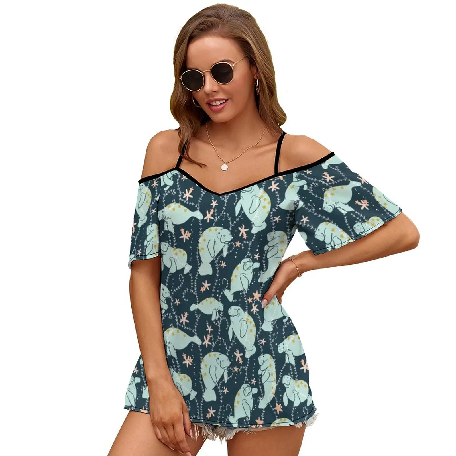 Oh The Hue-Manatee : Teal Women's T-Shirt Summer Fashion Print Floral V-Neck Zipper Tshirt Hollow Pullover Ladies Top Manatee