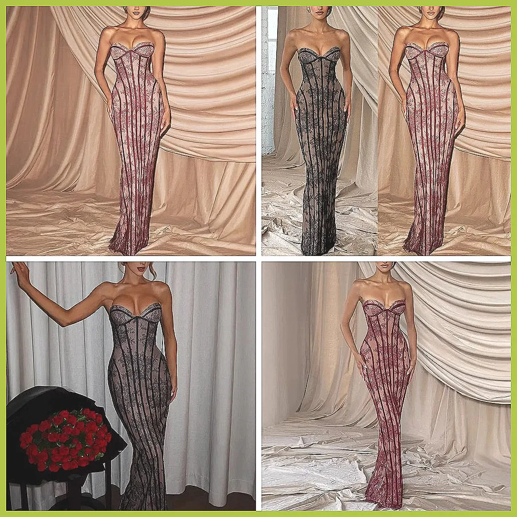 Sexy Off Shoulder Bodycon Maxi Dress with Floral Lace, Striped See-Through Party Dress for Women