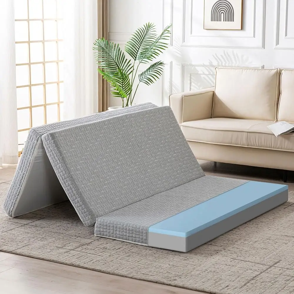 

Foldable Mattress, 3 H Memory Foam Guest Floor Mat, Tri Folding Portable Mattr For Living Room/Camping, Washable Cover,
