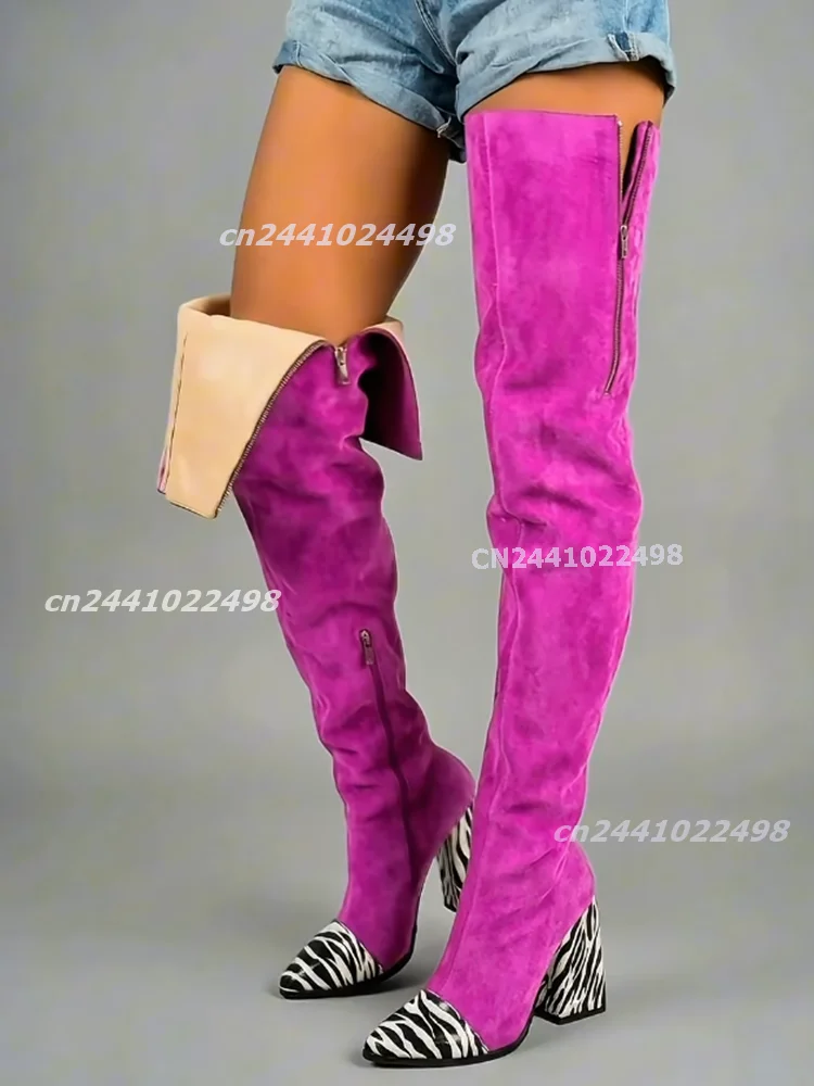 Women's Suede Zebra Print Patchwork Over the Knee Boots Pointed Toe Chunky High Heels Side Zipper Fold Over Thigh High Boots