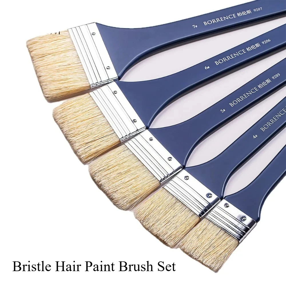 7styles Watercolor Oil Artist Paint Brush Set Flat Natural Bristle Hair for Beginner Students Diy Art Long Wooden Cleaning Brush