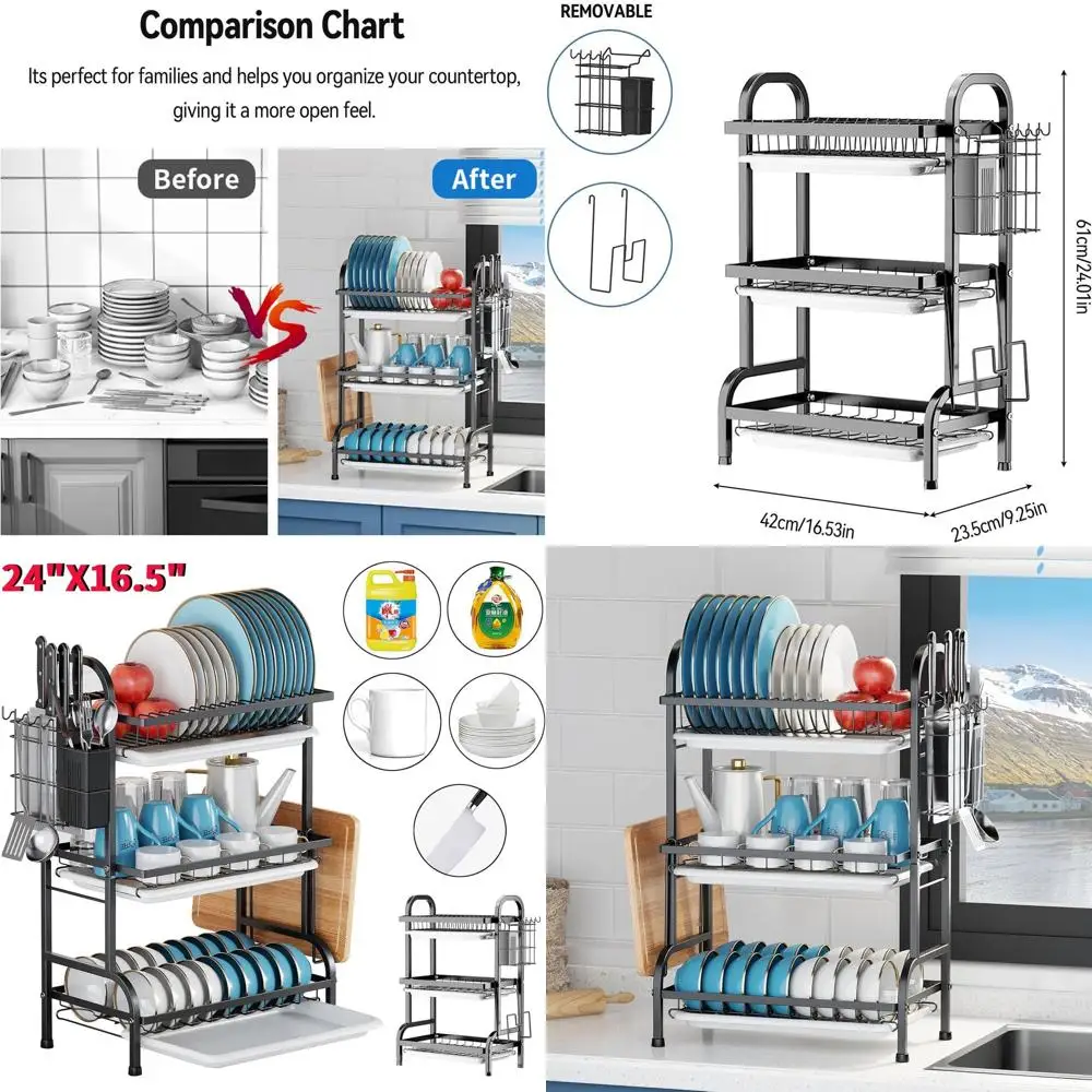 

Large Black Stainless Steel 3-Tier Dish Drying Rack with Sink Overhang and Drain Tray for Kitchen Counter Storage