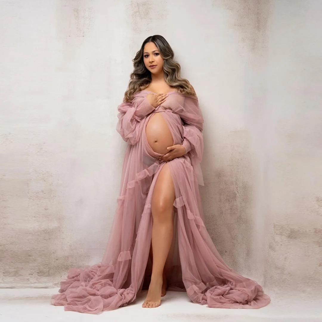 Dusty Pink Tulle Maternity Photography Dress Off Shoulder Open Belly Ruffled Pregnancy Women Baby Shower Gown for Photoshoot