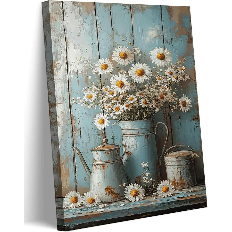 

Rustic Farmhouse Daisy Canvas Wall art Country Flower Posters Prints Vintage Still Life Botanical Paintings for Hallway Bathroo