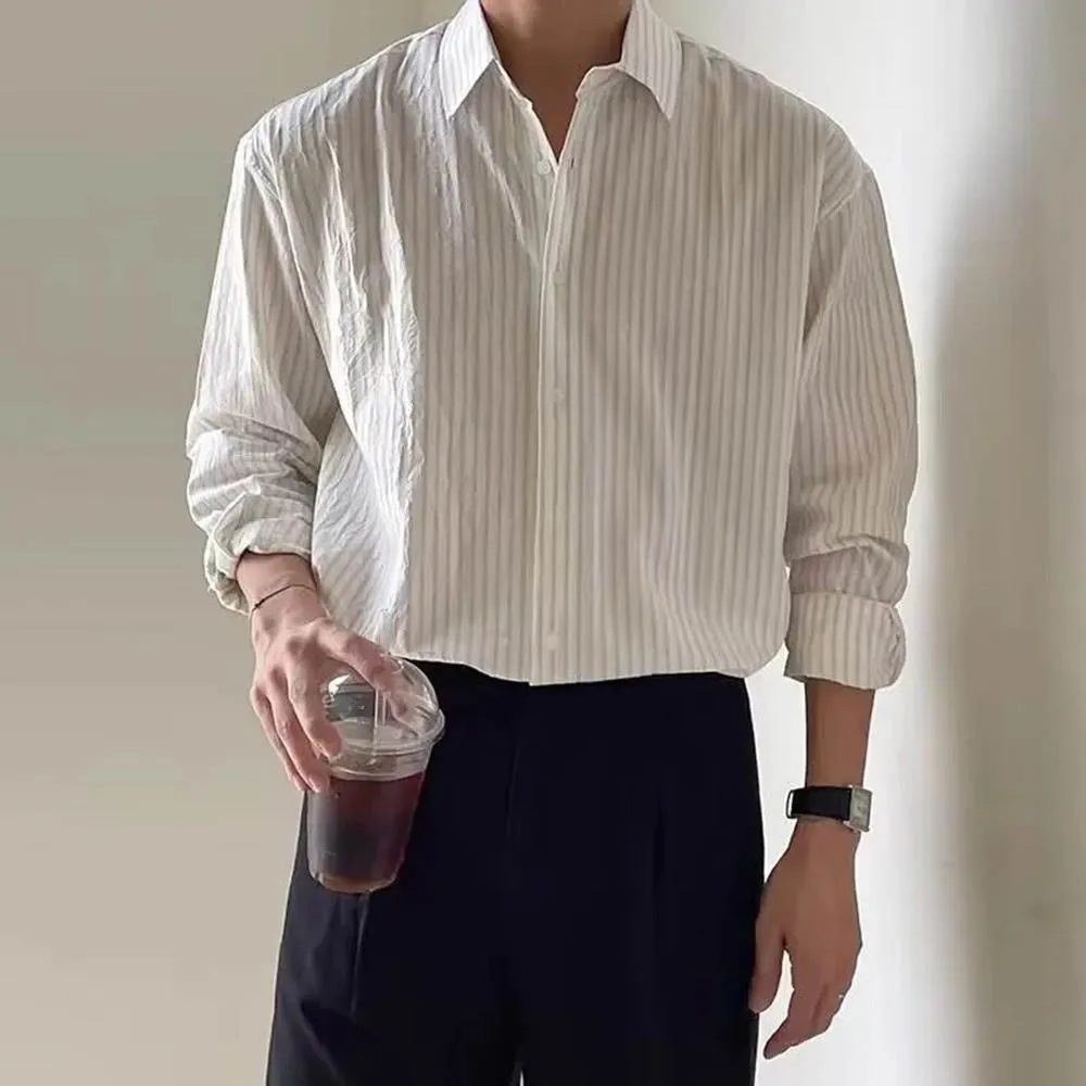 

Осенняя новая мужская полосатая рубашка с длинными рукавами, японский ретро-модный тренд, простые свободные повседневные дышащие нишевые мужские топы 2025
