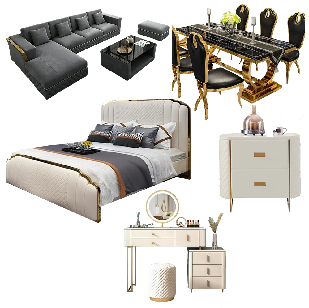 & Luxury Sofa Dining Table & Chairs Wooden Home Furniture Set Bed Side Table Modern Bedroom Furniture Set