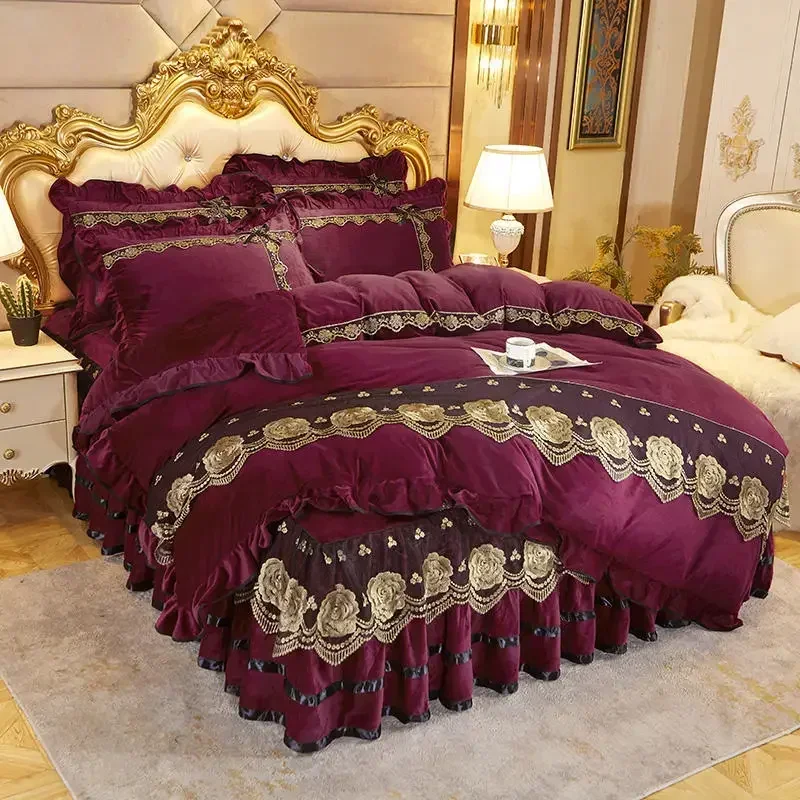 Beige Plush Soft Warm Crystal Velvet Princess Lace Bedding Set Luxury 1/3Pcs Duvet/Quilt Cover Pillowcases Home Textile