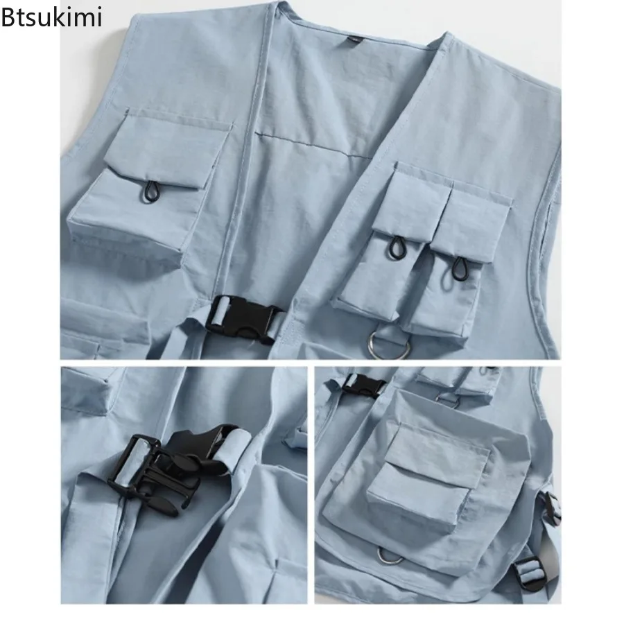 Multi Pockets Cargo Vests Men's Solid Casual Hip Hop Style Sleeveless Vest Jackets Men Women Loose All-match Outdoor Work Tops