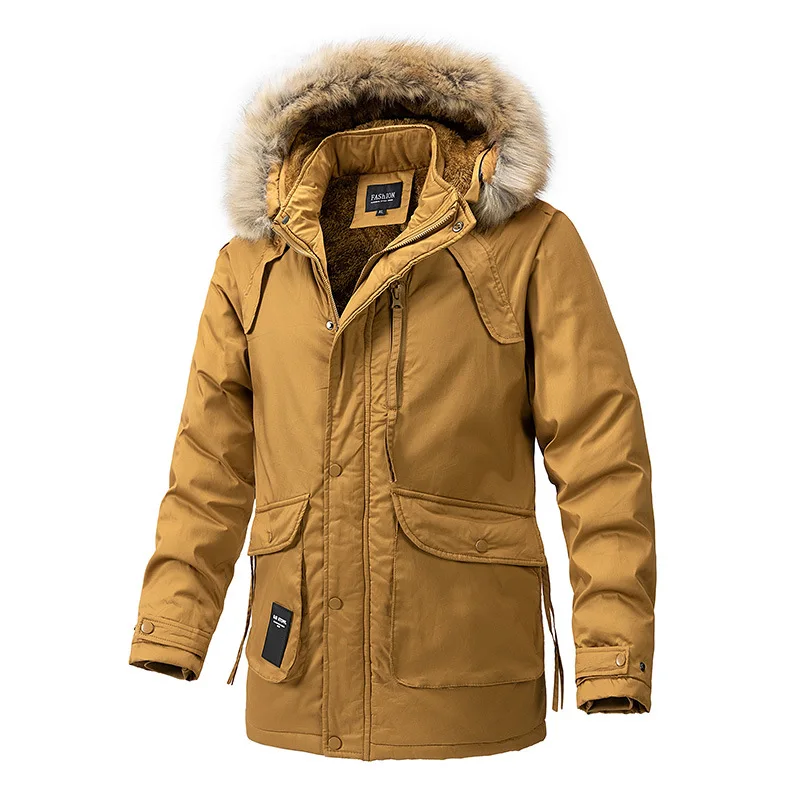 Classic new men's warm cotton-padded jacket hooded with wool padded jacket youth long version multi-pocket cotton-padded jacket