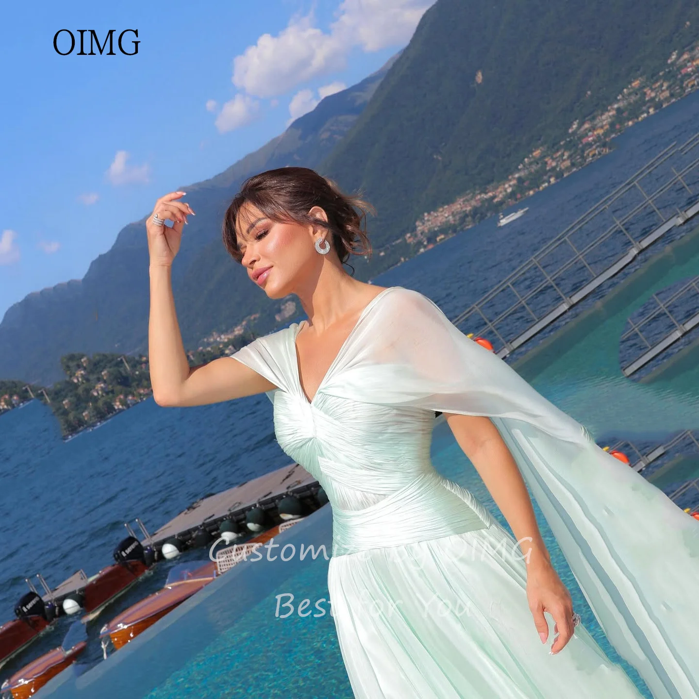 فستان OIMG رشيق بأكمام قصيرة على شكل حرف A فساتين حفلات على شكل حرف V مطوي للحفلات والعطلات بطول الأرض فستان سهرة 2025 مخصص #3
