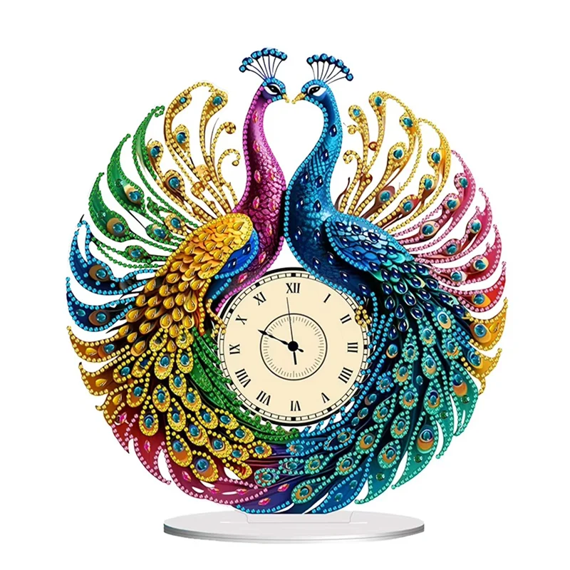 A44Z-Peacockshape Diamond Art Clock Ornaments Kit Battery Operated Diamondpainting Clock Decorative Room Decoration