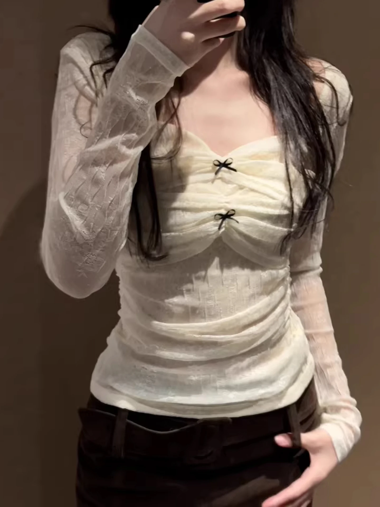 

Pure Desire V-Neck Double Layer Lace Embroidered T-Shirt Women's Spring Fashion Mesh Splicing Base Shirt Sweet And Spicy...
