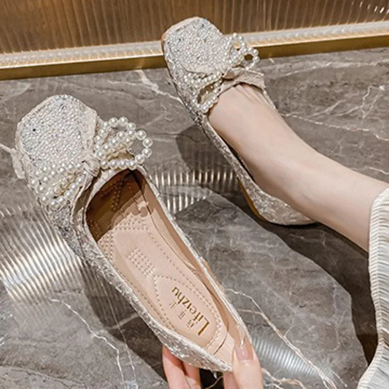 2024 Women 1.7cm Low Heels Elegant Bridal Flats Female Cute Pearl Bow Crystal Low Heels Lady Sweet Square Toe Slip On Flat Shoes